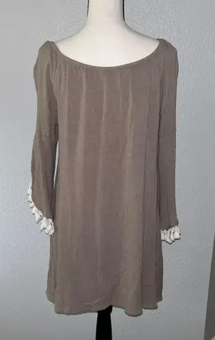 Kori America Neutral Off the Shoulder Tassel Tunic Bohemian Dress Size Large