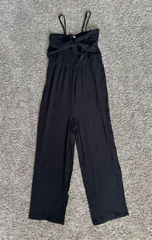 Loft  Beach smocked tie front jumpsuit wide leg flowy pants leg tank top black XS