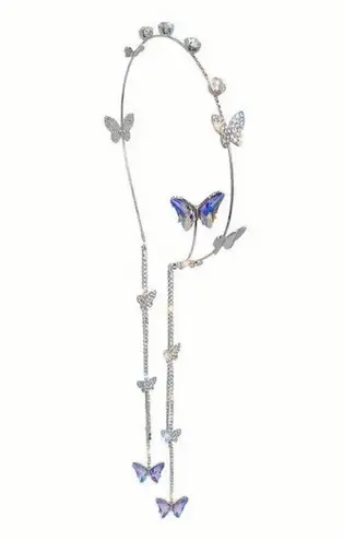 Vintage Style Butterfly Rhinestone Headband with Tassel Chain Silver