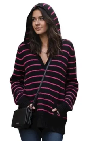 Hooded Sweater Womens Large Black Pink Striped Knit V Neck Kangaroo Pocket Soft