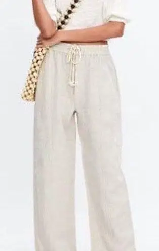 ZARA Off White Ecru Linen Pants With Rope Drawstring Size Small