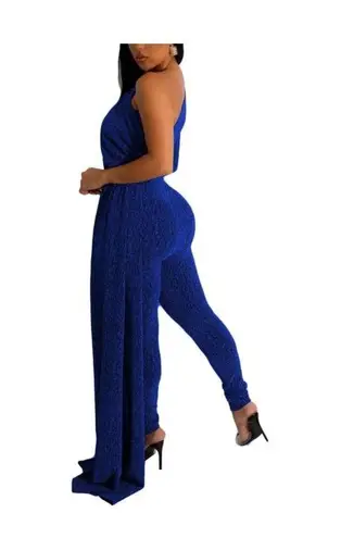 Dinyln - Blue Jumpsuit formal Sequin One Sleeve Party Clubwear - Size Small