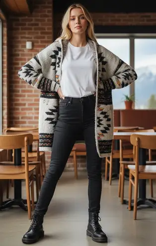 Aztec Patterned Open Cardigan S/M Pale Gray Black and Southwestern Color Block Size M