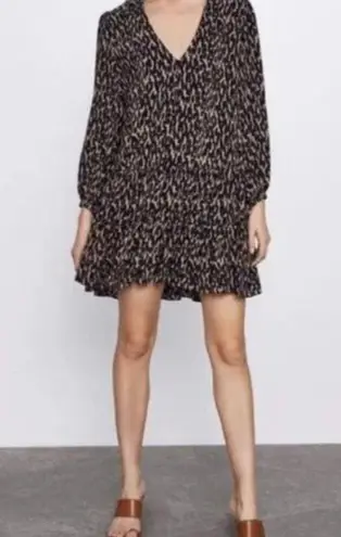 ZARA  || Bishop Sleeve Abstract Leopard Print Ruffled Dress