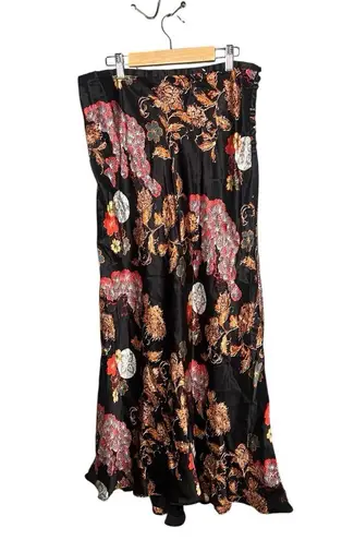 JJ's House Black Floral silk A-Line midi Skirt size 12