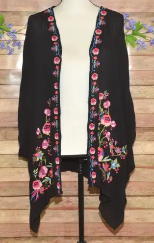 Umgee Womens Black Open Front Floral Embroidered Cardigan Cover Up Size M/L - Image 1
