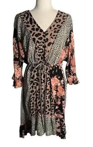 Gigio Animal Print High Low Dress M Multicolored Floral V Neck Elastic Waist Size M