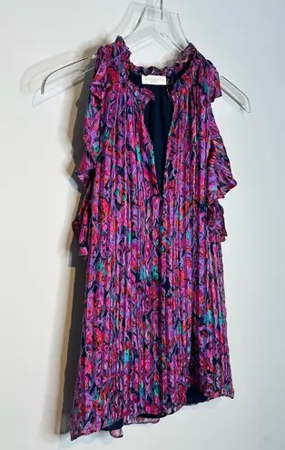 Ramy Brook Luanne Leaf Purple Red Silk Print Sleeveless Ruffled Blouse Top Sz S