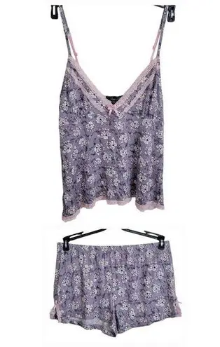 Rene Rofe' Sleepwear Cami Shorts Set Sz L New Floral Lace Trim Deep V Sleeveless Purple Size L