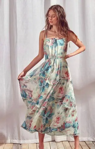 Storia  Watercolor Floral Midi Dress Blue White Pink Size Small