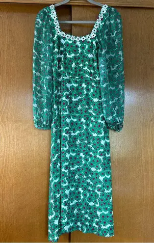 HVN Matilda Appliqued Floral Print Voile Silk Chiffon Midi Dress Green Size 6