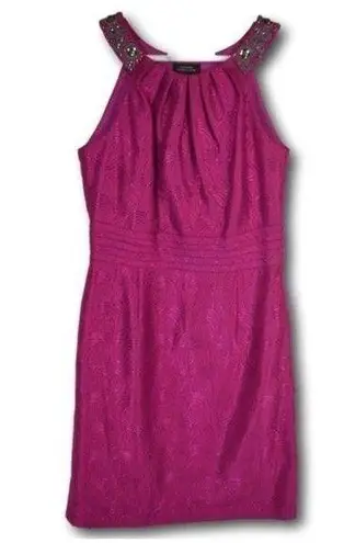 Tahari Arthur S Levine Cerise Pink Beaded / Sequin Party / Cocktail Dress