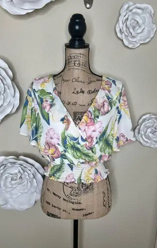 NTM: June & Hudson Ruffled Tropical Print Ivory Crop Top Blouse Size Small White