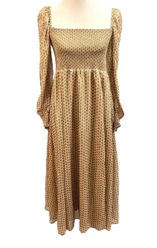 o.p.t Square Neck Smocked Patterned Maxi Dress Brown Gold Cream Size Medium