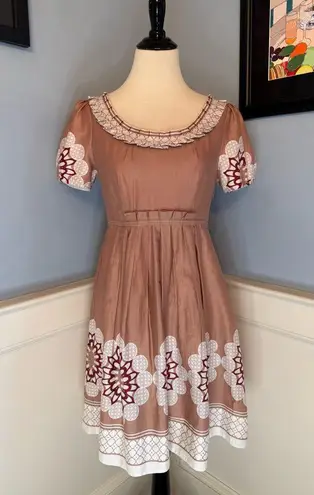 Retro Style Border Print Midi Dress by European Designer Langbow Sz 6 Brown