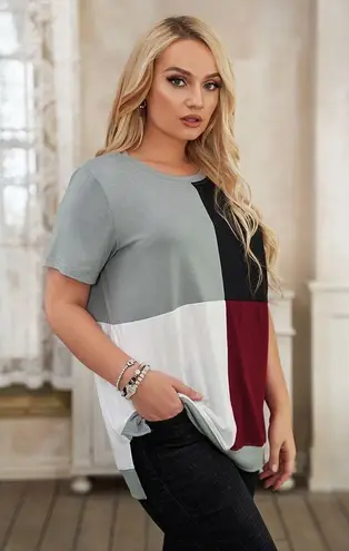 WINE RED WHITE GRAY BLACK CREW NECK COLOR BLOCK TOP SIZE 2X 18