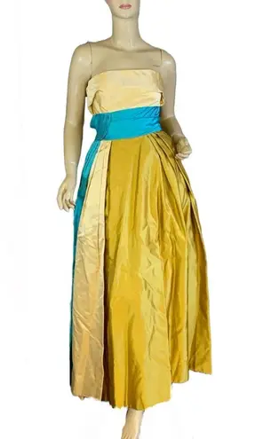 VINTAGE CIRCA 1960 CREAM, GOLD & TURQUOISE STRAPLESS SATIN FORMAL DRESS (XS) Blue