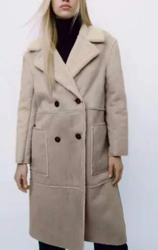 ZARA  Faux Shearling Tan Long Coat Size L