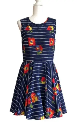 Maison Jules Dress Blue Red Floral Striped Sleeveless Skater Fit & Flare Medium