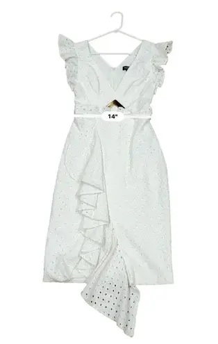 PATBO romantic ruffle sleeve Belted Eyelet Midi Dress In White sz 4