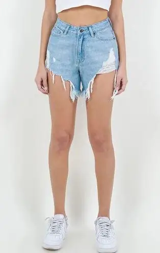 American Bazi High Waist Fringed Hem Denim Shorts Medium