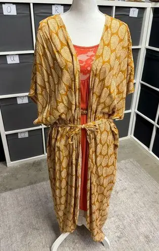 Cupshe Yellow Leaf Pattern Tie Waist Kimono Duster Length Light Cardigan OSFM