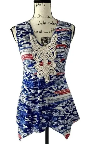 Ny Collection Sleeveless Blouse Sz S Blue White Red Crochet Front Asymmetrical H