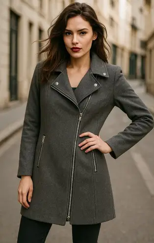 Miss London Size Large Grey Wool-Blend Coat Zipper Snap Details