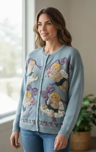 Vintage Northern Isles Hand Embroidered Angels Cardigan Sweater Cottagecore XL Blue