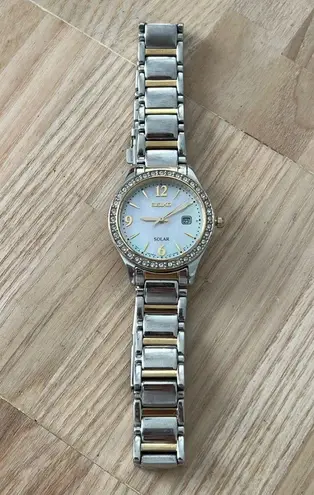 Seiko Solar Swarovski Crystals Ladies Watch Pearl Dial Two-Tone Bracelet Date