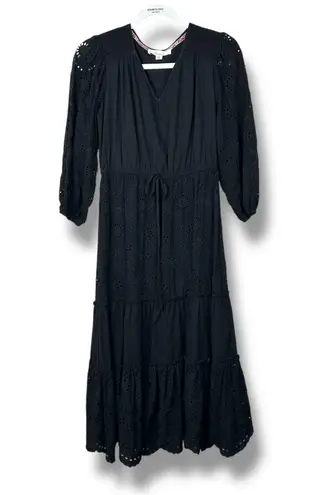 Westbound Nurture by Black V-Neck Eyelet Cotton Tie-Waist Midi Dress Small