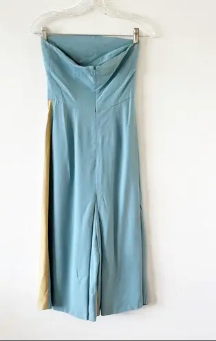 Duck Egg Blue And Wheat Yellow Strapless Palazzo Pants Jumpsuit