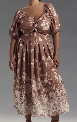 NWT EN SAISON Anthropologie monet puff sleeve square neck midi dress 1X Brown