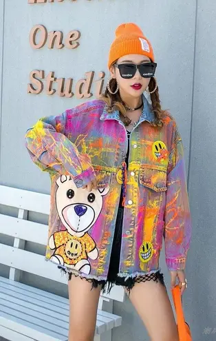 Denim Jacket Colorful Painted Teddy Bear Smiley Face Oversized L/XL Blue Size L