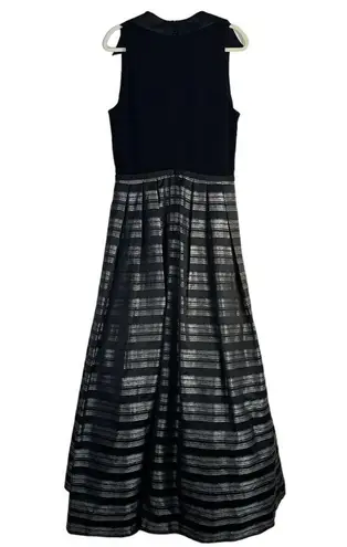 Theia Stripe Jacquard Full Ball Gown Sz 14 Black Silver Maxi Dress Event Gala