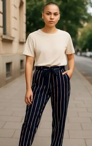 Like an angel Belted Tapered Palazzo Pant Striped Dark Midnight Combo L