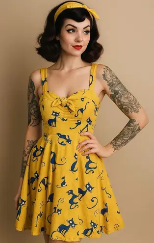 Vtg Dress Ixia Cat Novelty Print Yellow Fit Flare Rockabilly Jazz 50s M Size M
