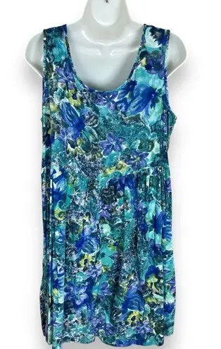 Vintage 90s Babydoll Dress Sleeveless Relaxed Fit Pockets Blue Green Tropical Size L
