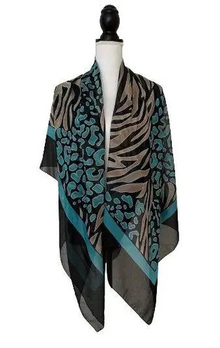 Carol Wior New Animal Print Scarf Sarong Brown/Black/Blue, Sz 60,5”x46,5”