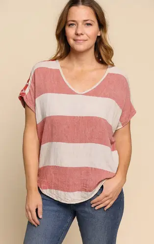Ace & Jig Shirt Womens XS Red White V Neck Dolman Striped Woven Boho