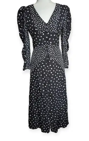 Rebecca Taylor Rouched Silk Black and White Polka Dot Print Midi Formal Dress