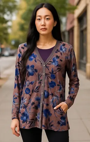 LOGO Lori Goldstein Floral Print Knit Cardigan Button Front Pocket Detail Brown - Image 1