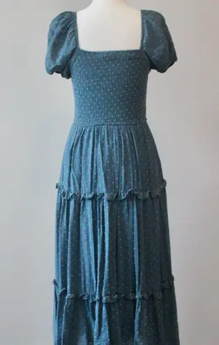 Moon River Teal Tan Smocked Square Neck Puff Sleeve Flowy Boho Midi Dress Small