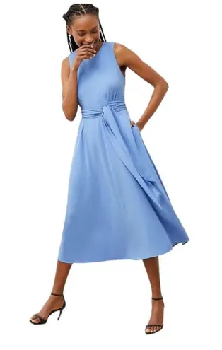 MM.LaFleur The Fatima Midi Dress Sleeveless Belted Shift Blue XL Classic Chic