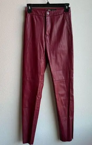ZARA  Faux Leather High Waisted Zipper Slit Bottom Red Pull On Pants Size XS
