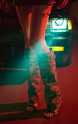 AZALEA WANG MARIETTA FOLD OVER OPEN TOE SANDAL BOOT IN CAMO