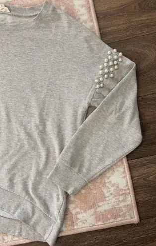 Ultra Flirt Pearl Embellished Crewneck Pullover- Light Gray