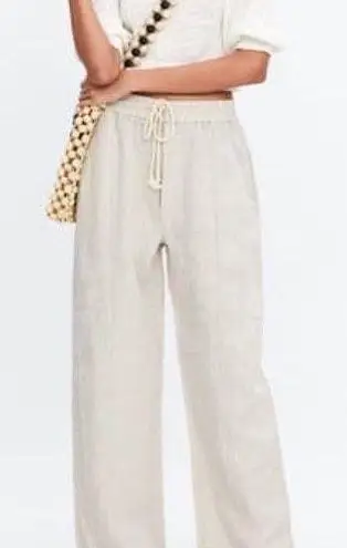 ZARA Off White Ecru Linen Pants With Rope Drawstring Size Small