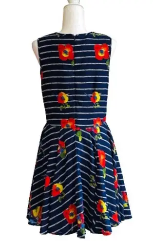 Maison Jules Dress Blue Red Floral Striped Sleeveless Skater Fit & Flare Medium