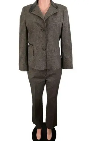 Akris Punto  Wool Suit with Leather Trim Herringbone Size 10 Blazer Pants